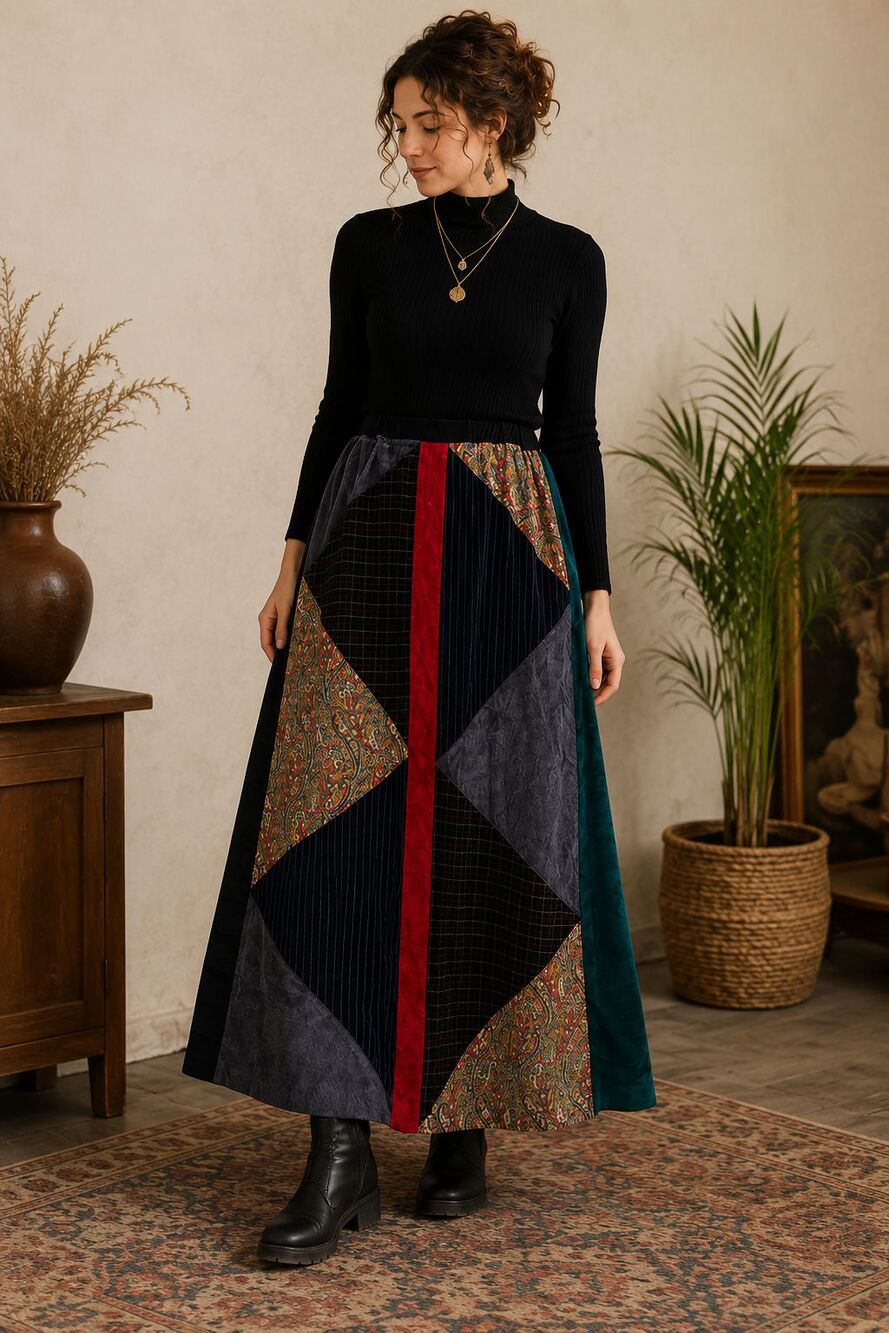 VTG Patchwork Velvet Maxi Skirt Large? Art To Wear Geometric Artsy Boho Sakowitz